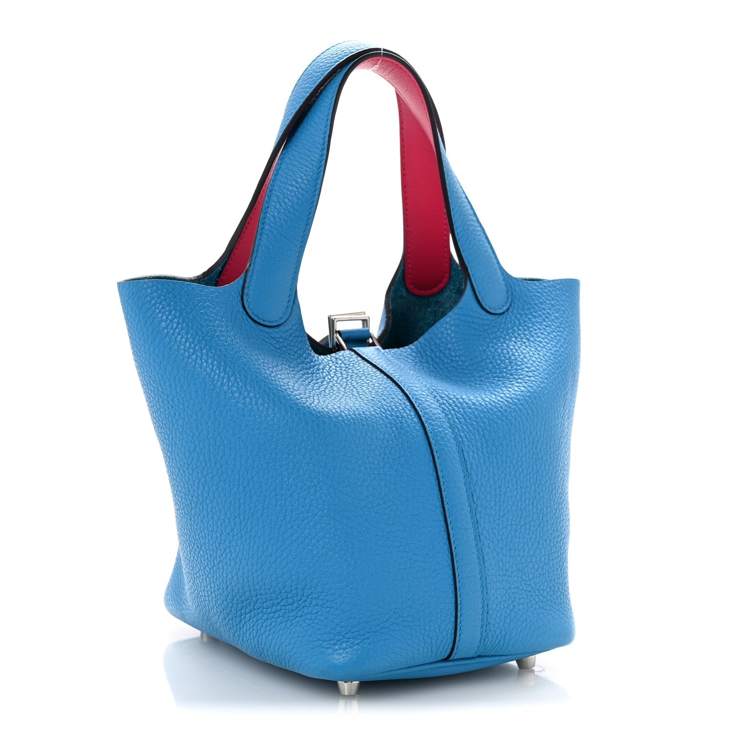Picotin Lock 18 PM handbag in blue pebbled leather with front lock and stitched side seam