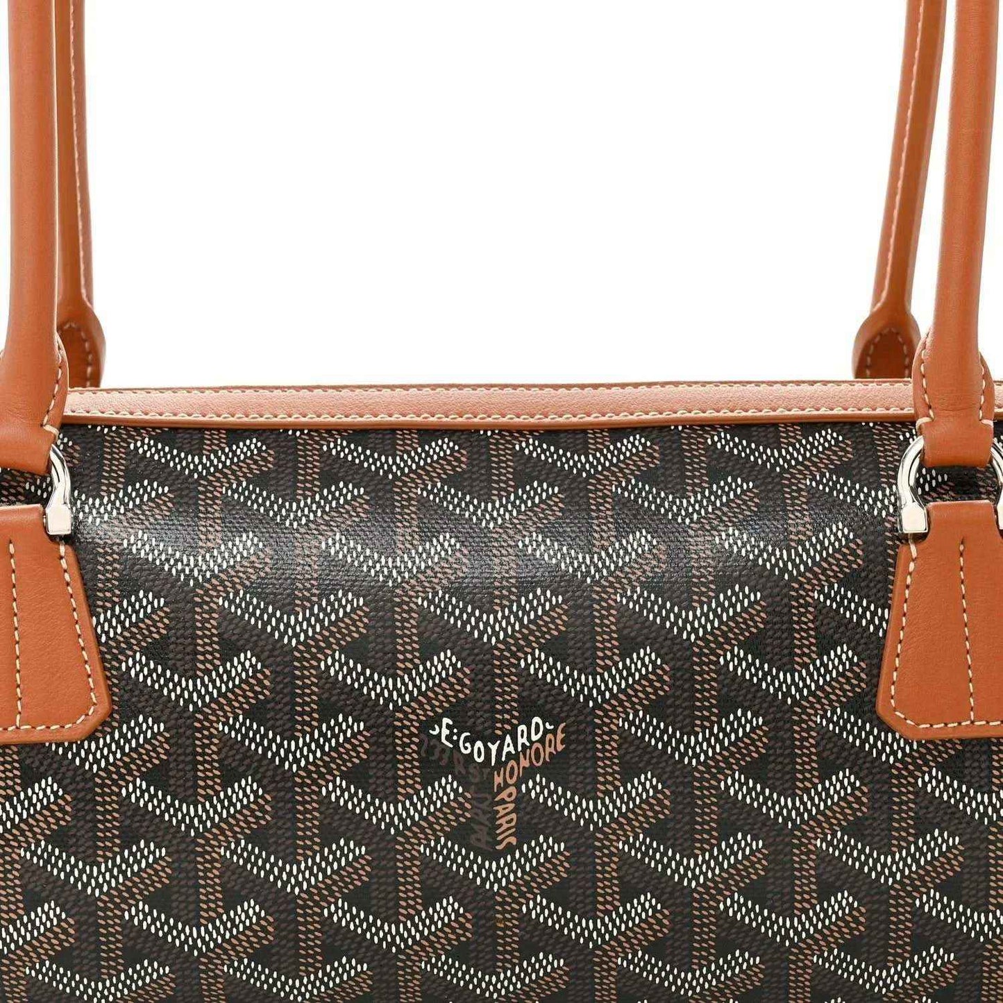 Bonbonnière bag front close-up: gray patterned coated canvas with tan leather tabs and logo patch
