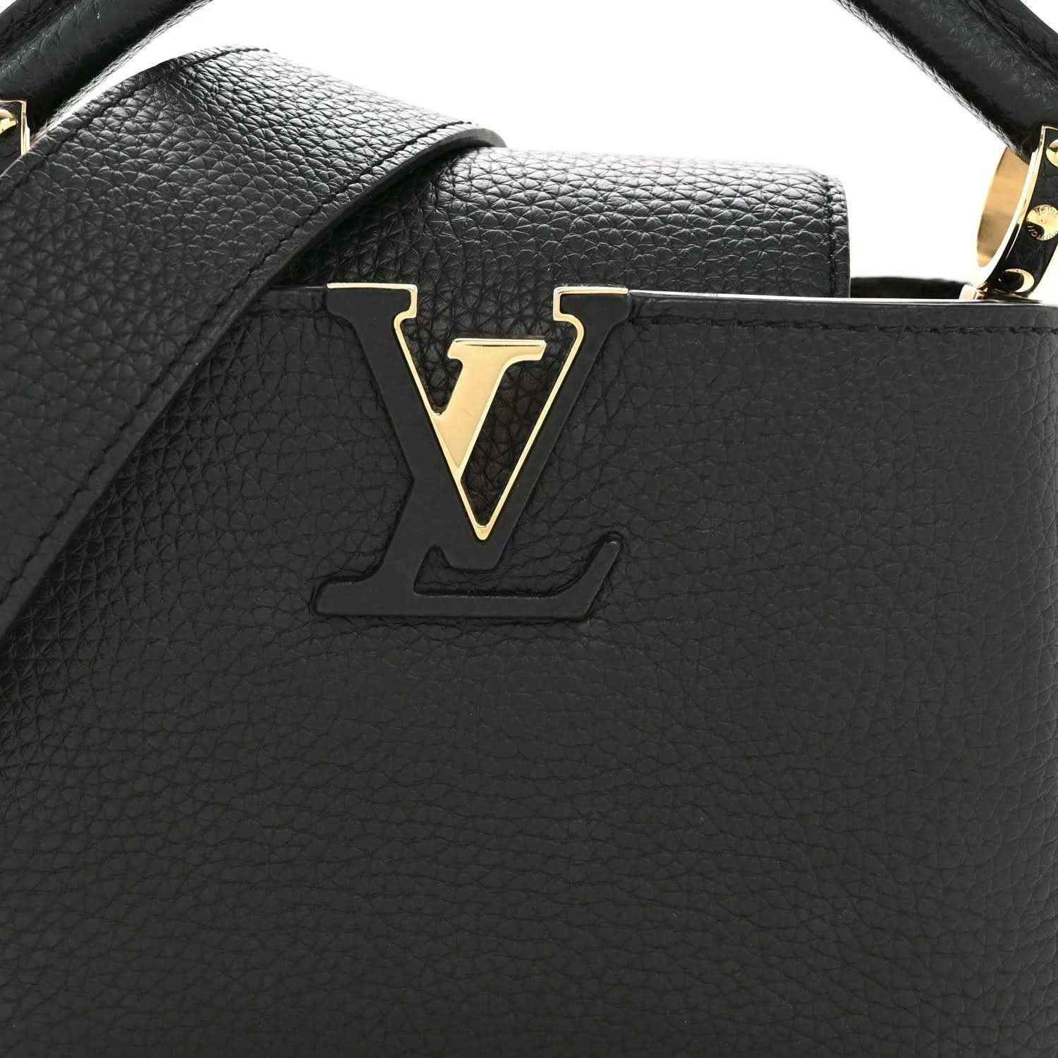 Black mini handbag with textured surface and gold-tone LV front emblem on top flap