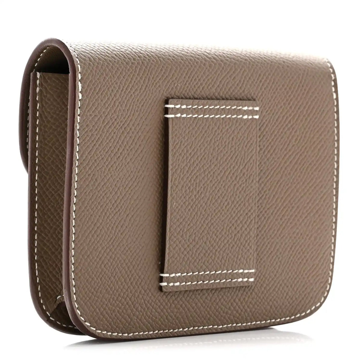 Taupe slim wallet with open view showing textured leather and white stitching