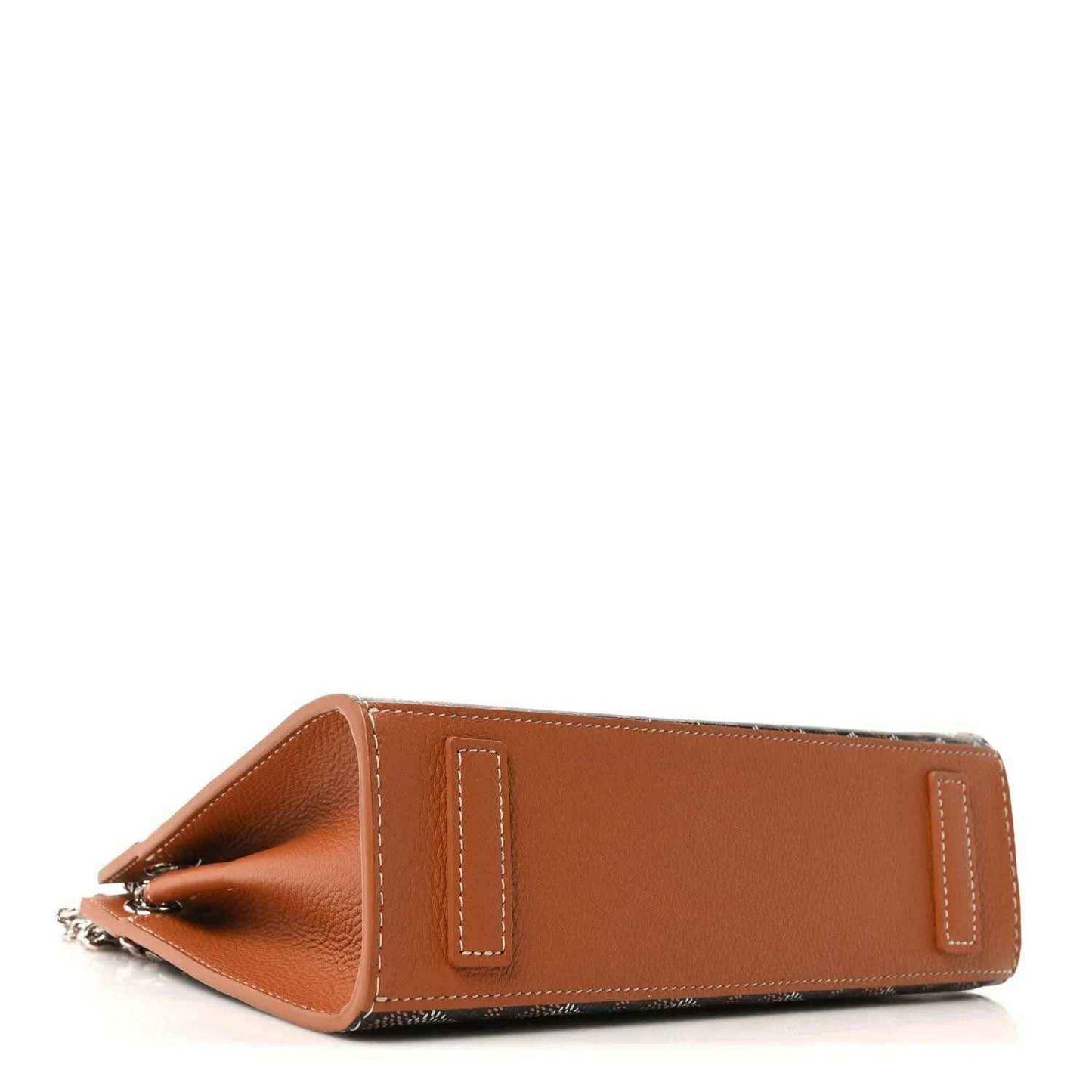 Mini tote bag laid down flat: tan leather body with stitched edges and short carry handle tabs.