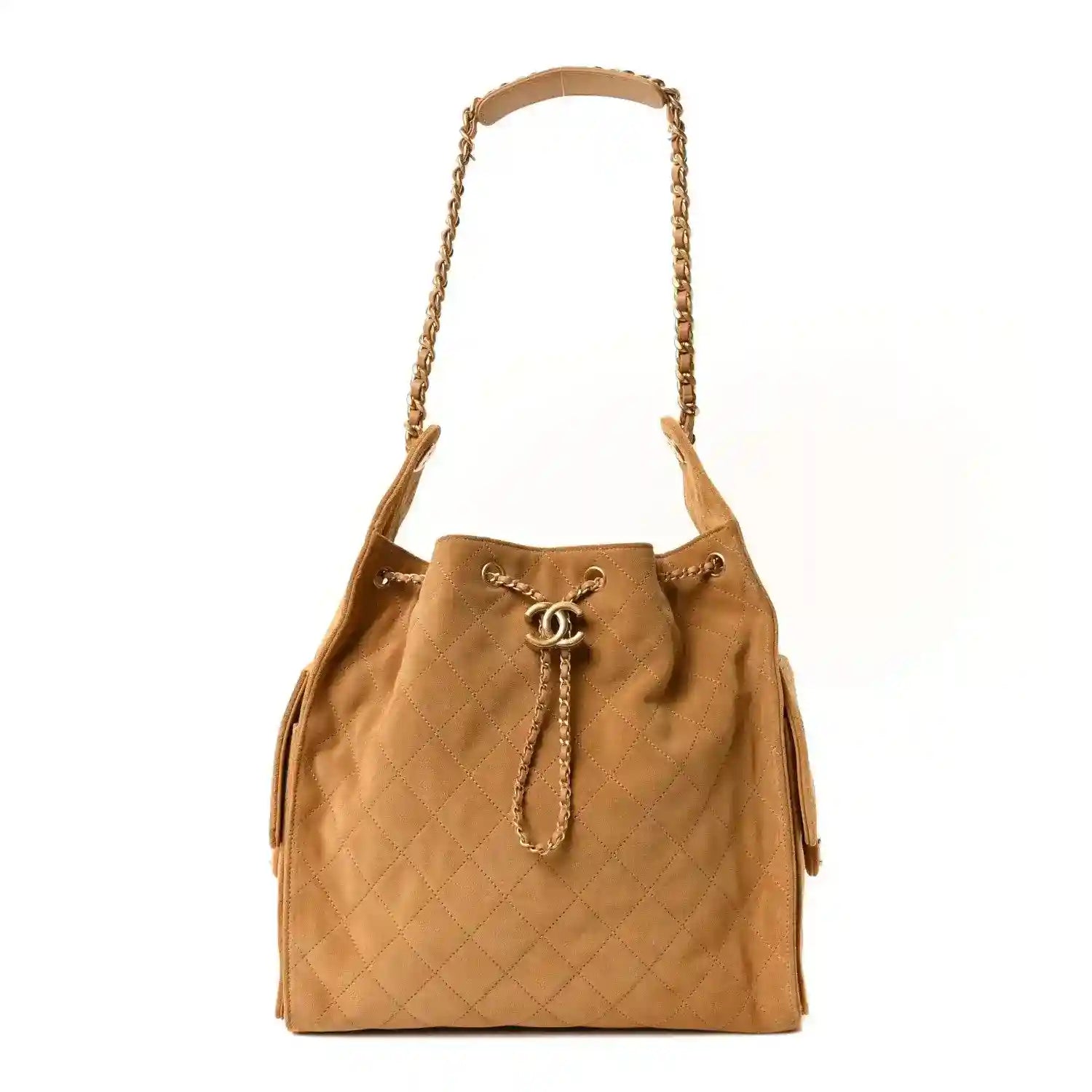 Chanel suede quilted medium handbag in classic beige with chain shoulder strap