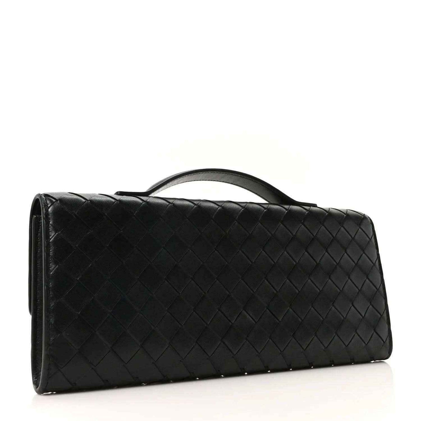 Black woven leather long clutch with top handle and front flap