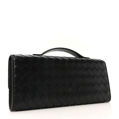 Black woven leather long clutch with top handle and front flap