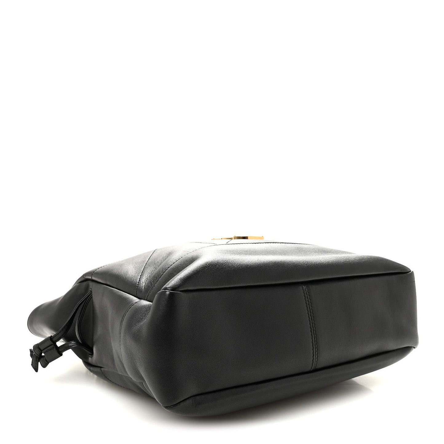 Black lambskin tote with rounded base and braided drawstring bow at side.