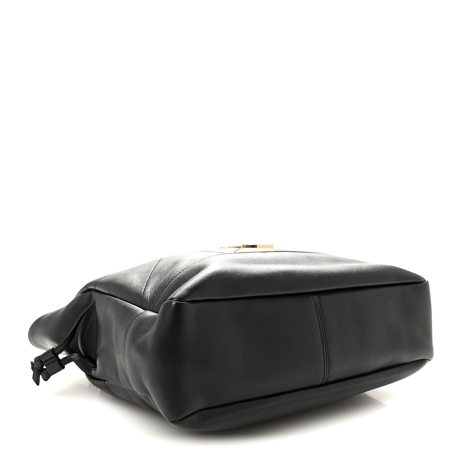 Black lambskin tote with rounded base and braided drawstring bow at side.
