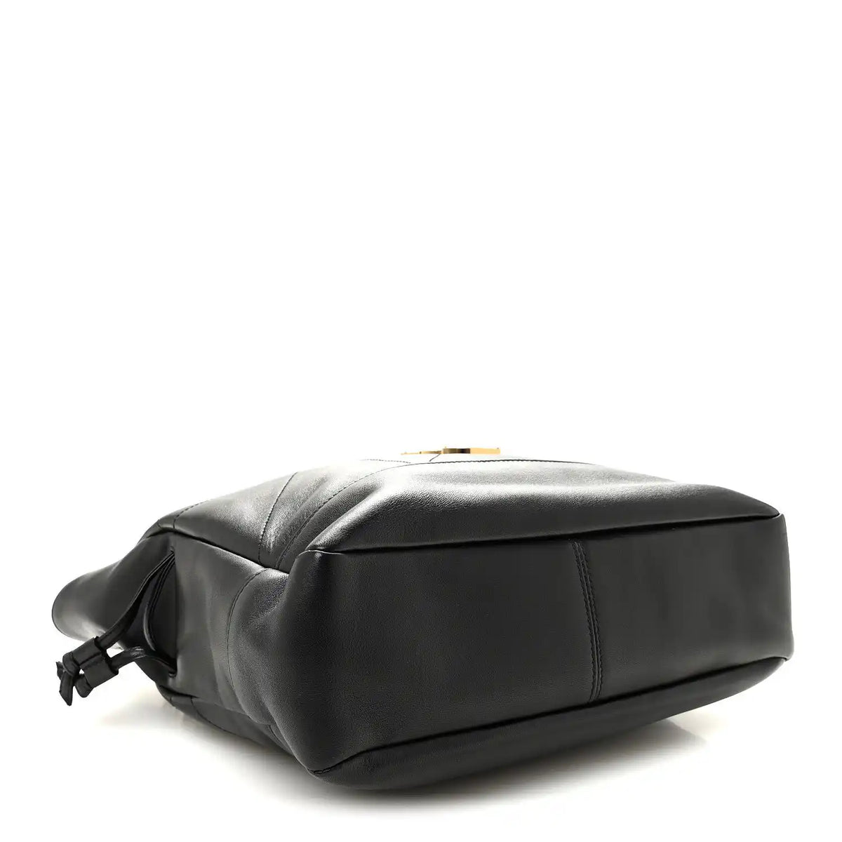 Black lambskin tote with rounded base and braided drawstring bow at side.