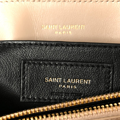 Dark beige leather satchel logo patch with SAINT LAURENT PARIS text and chain