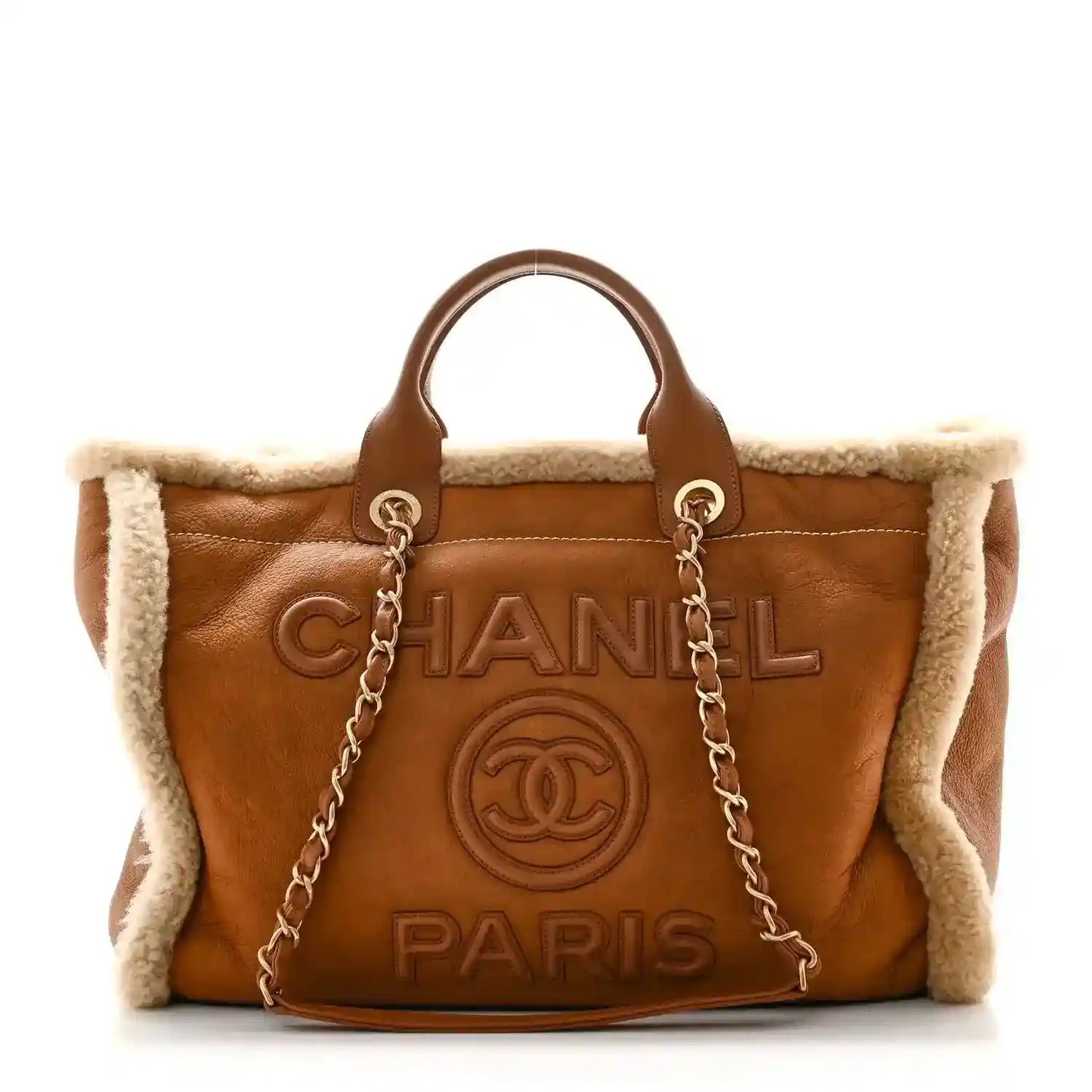Chanel medium Deauville tote bag in brown lambskin with shearling fur trim