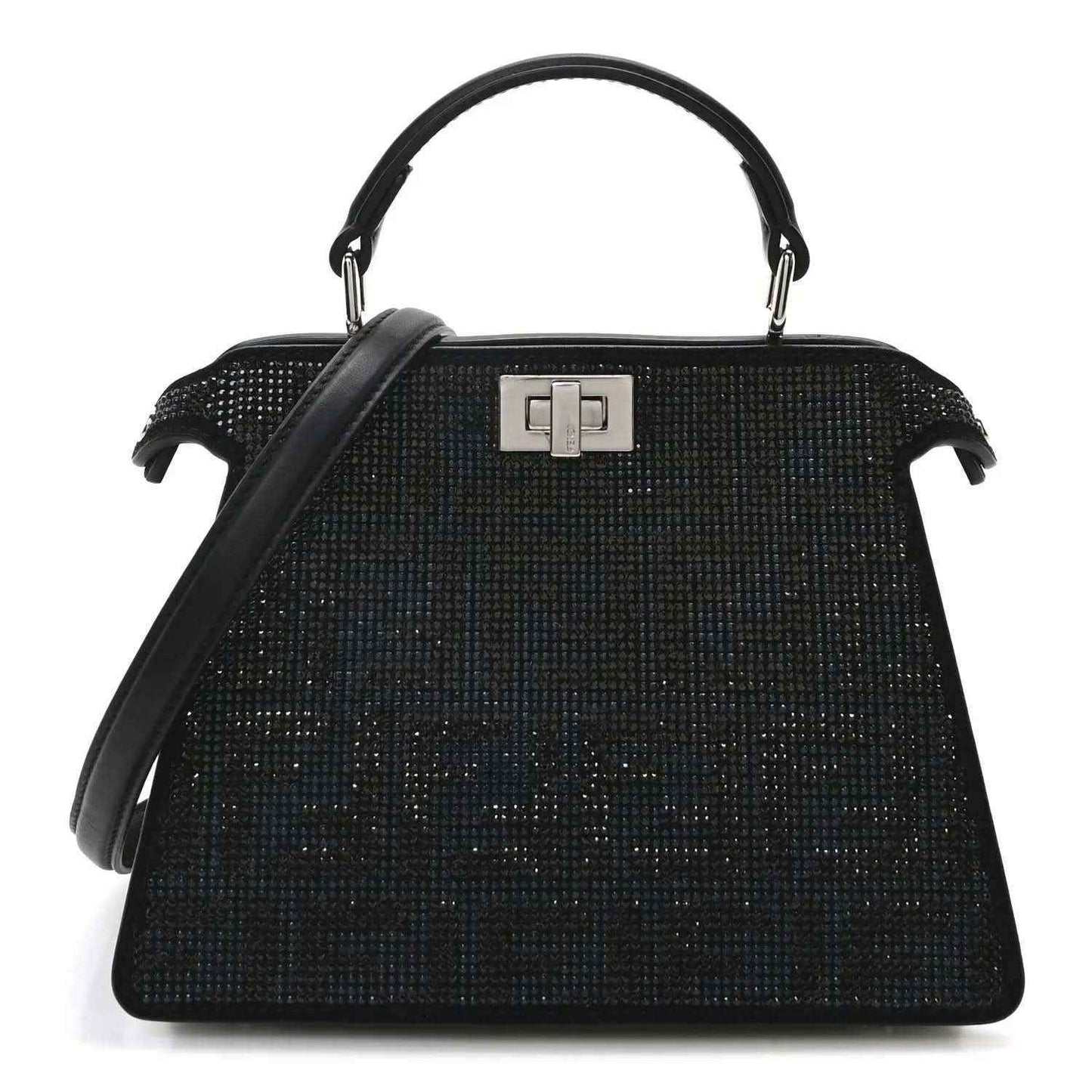 Black crystal satchel with top handles and gold-tone front clasp