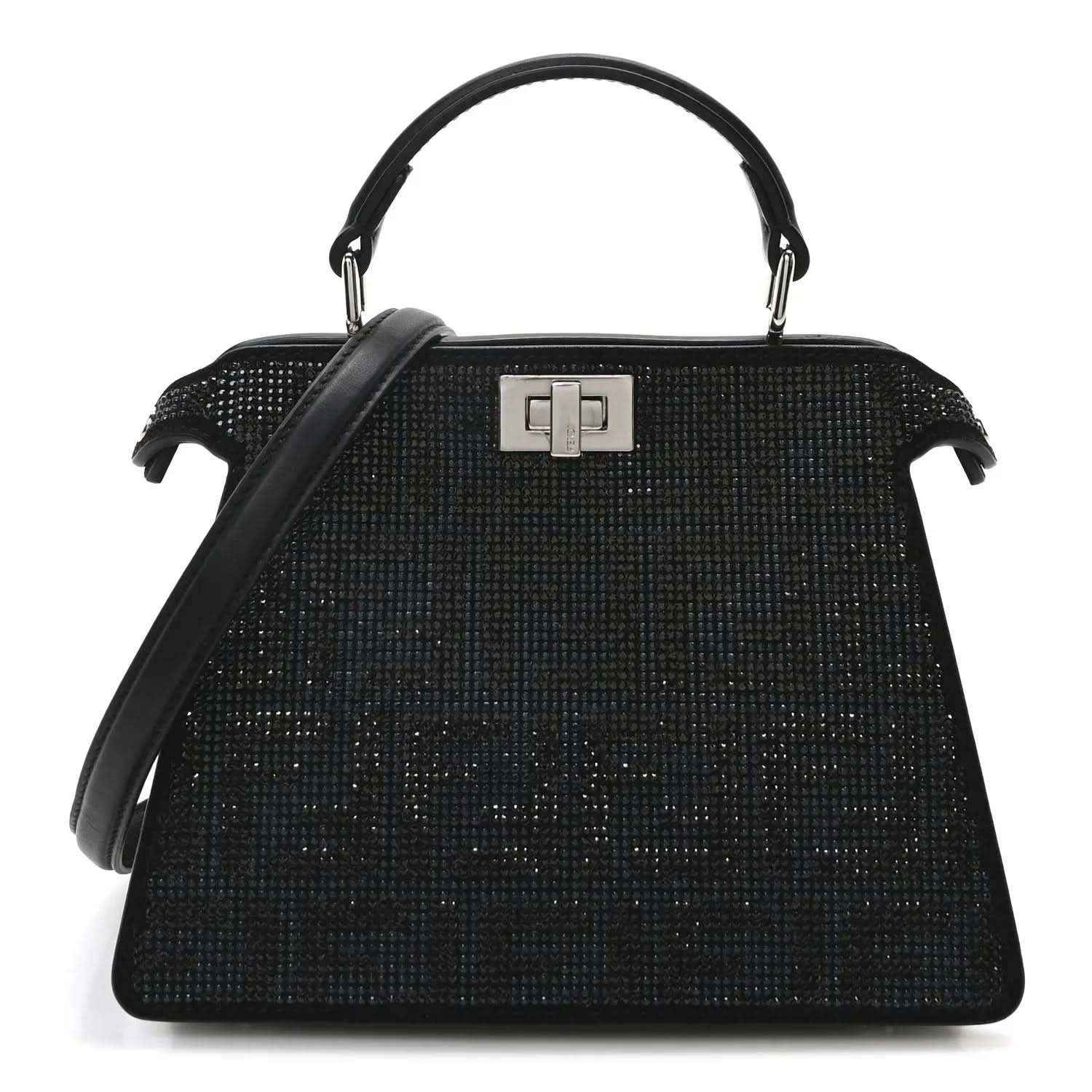 Black crystal satchel with top handles and gold-tone front clasp