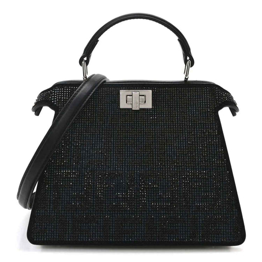 Black crystal satchel with top handles and gold-tone front clasp