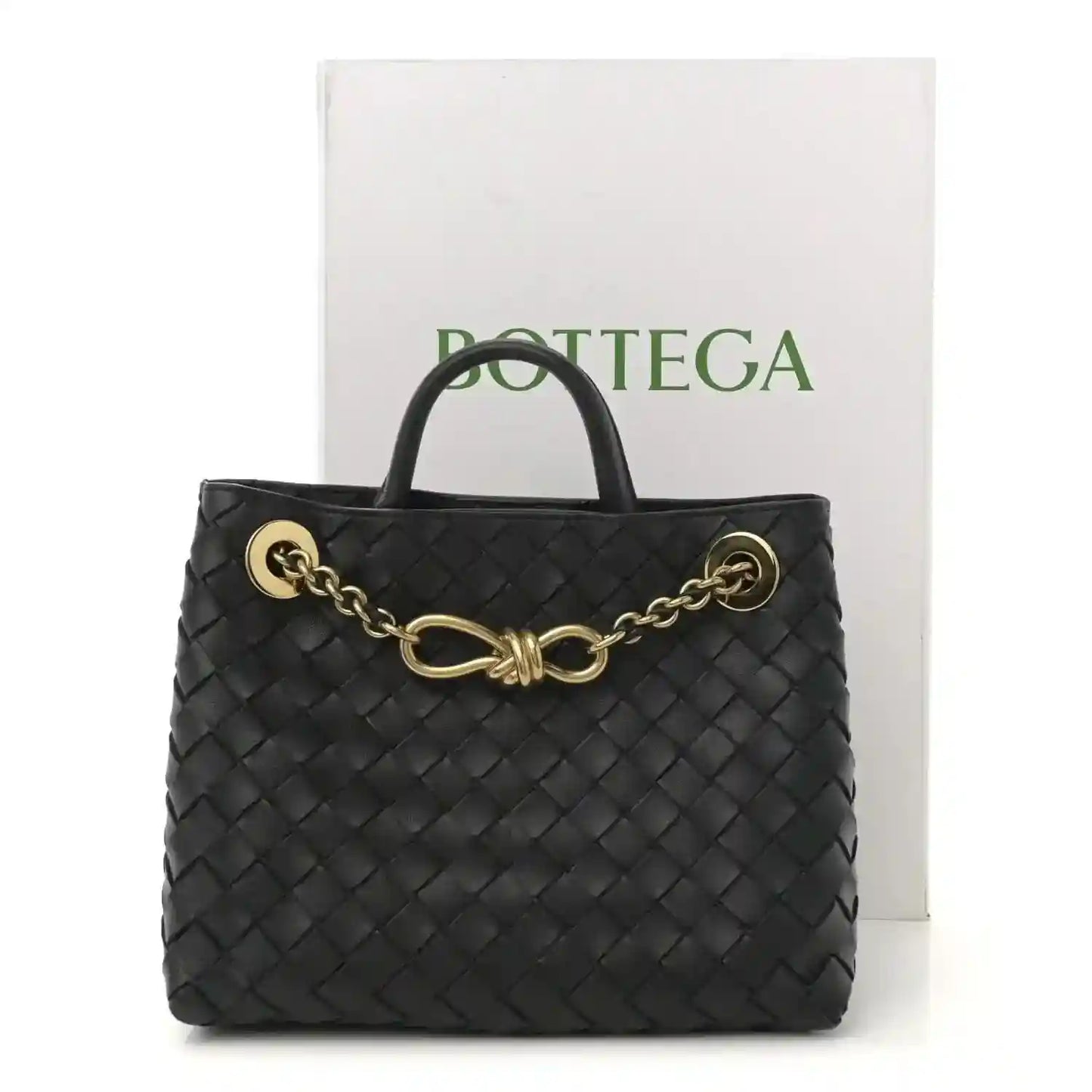 Black intrecciato nappa leather small shoulder bag with gold chain detail and top handles
