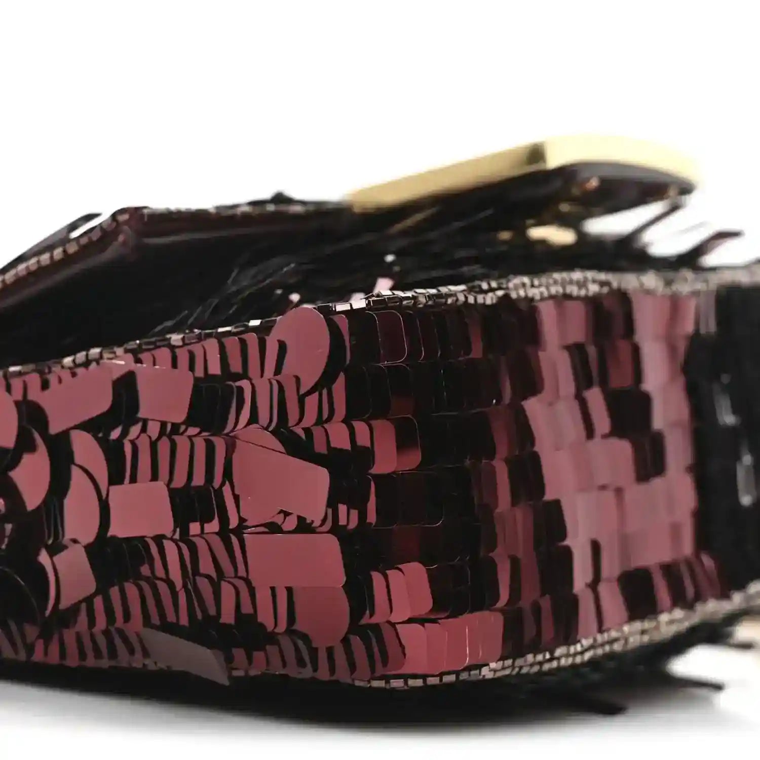 Mini baguette handbag close-up of red and black sequins on the side panel