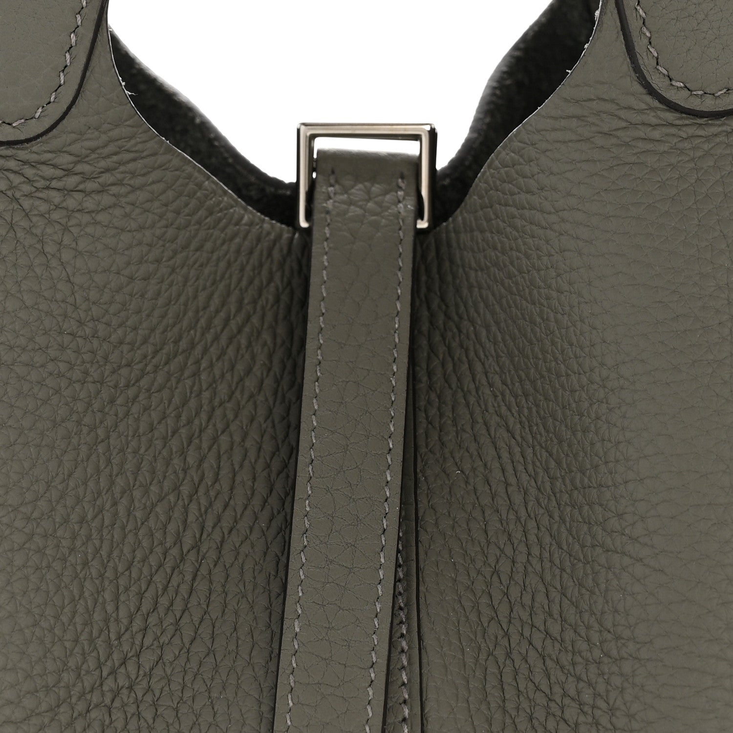 Leather bucket bag top lock strap with silver-toned hardware, dark green
