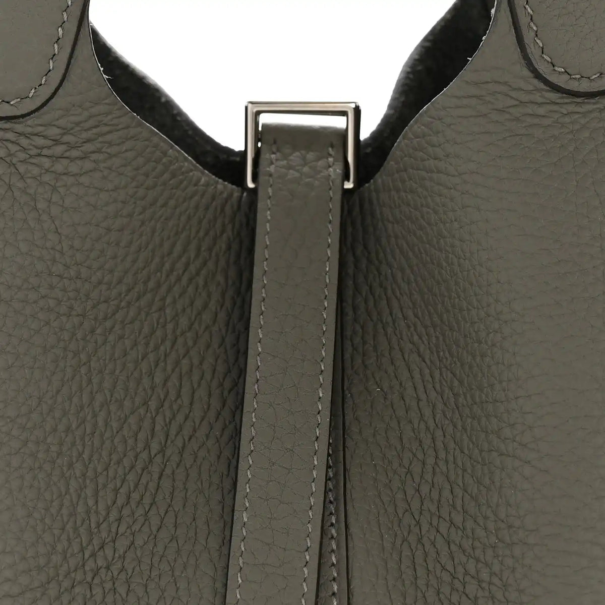 Leather bucket bag top lock strap with silver-toned hardware, dark green