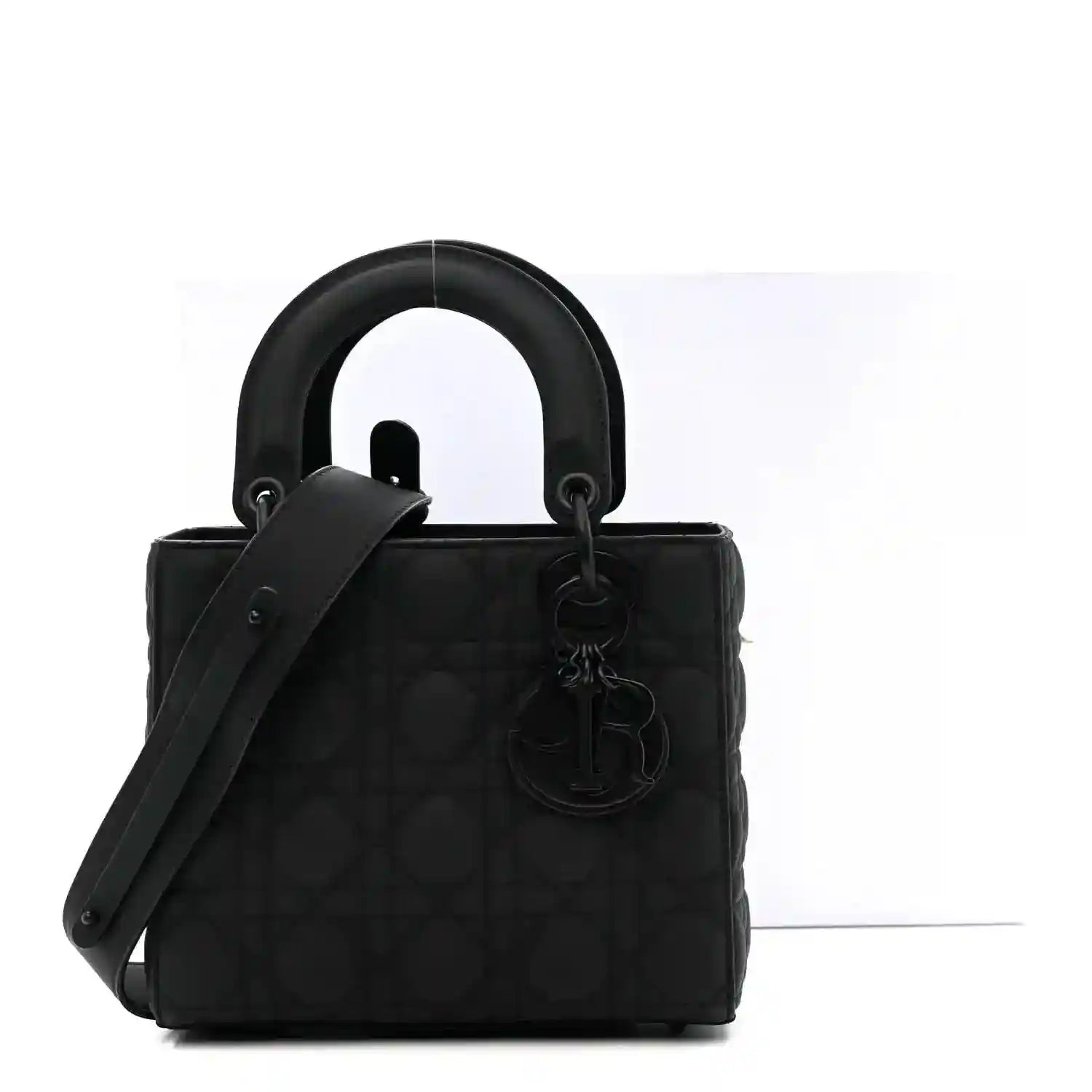 Small Dior Lady Dior bag in black with top handles and shoulder strap
