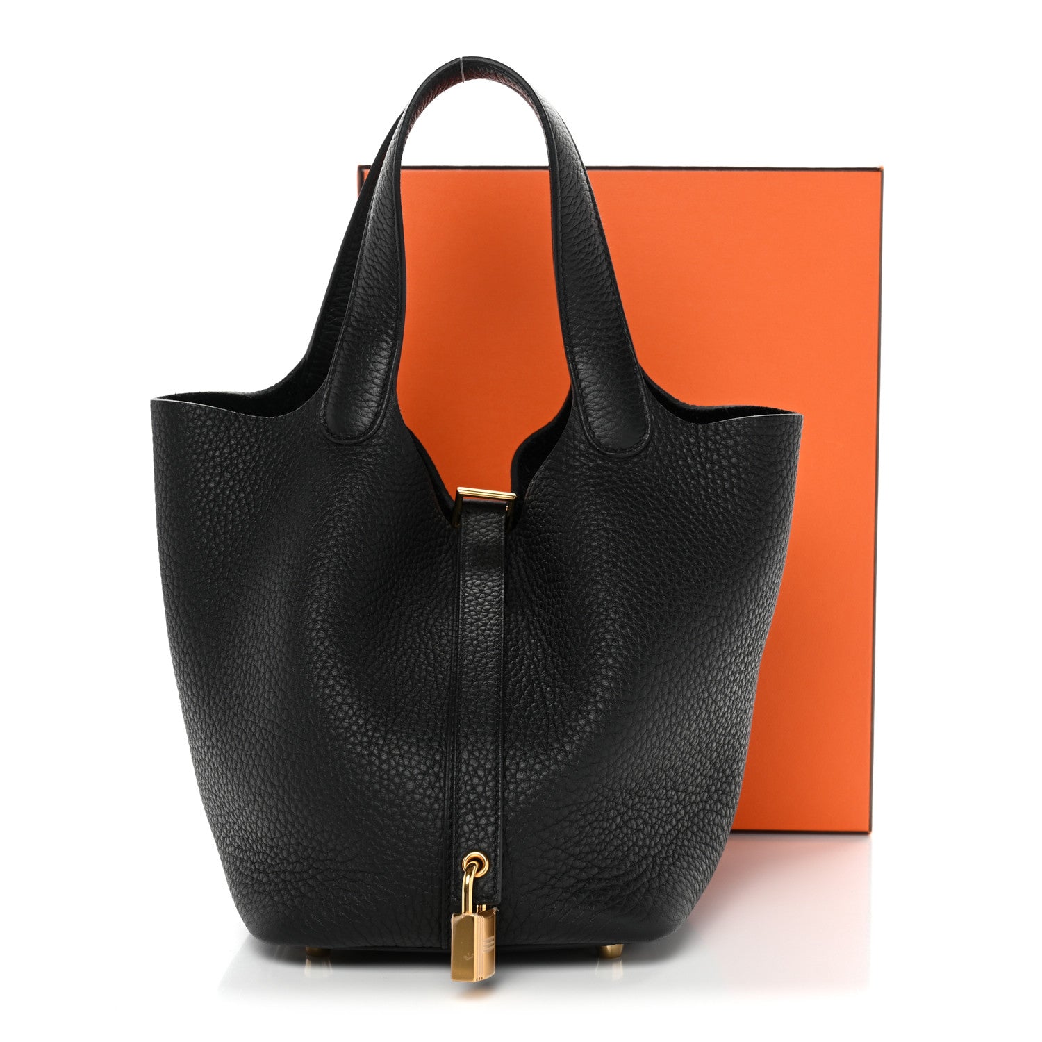 Black pebbled leather tote bag with front lock detail and top handles