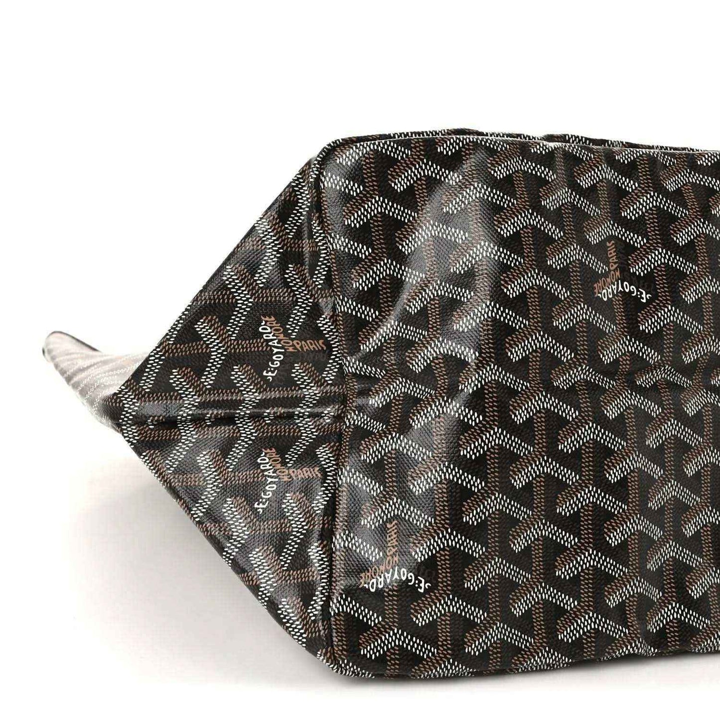 Goyardine tote bag side with monogram pattern and black leather trim