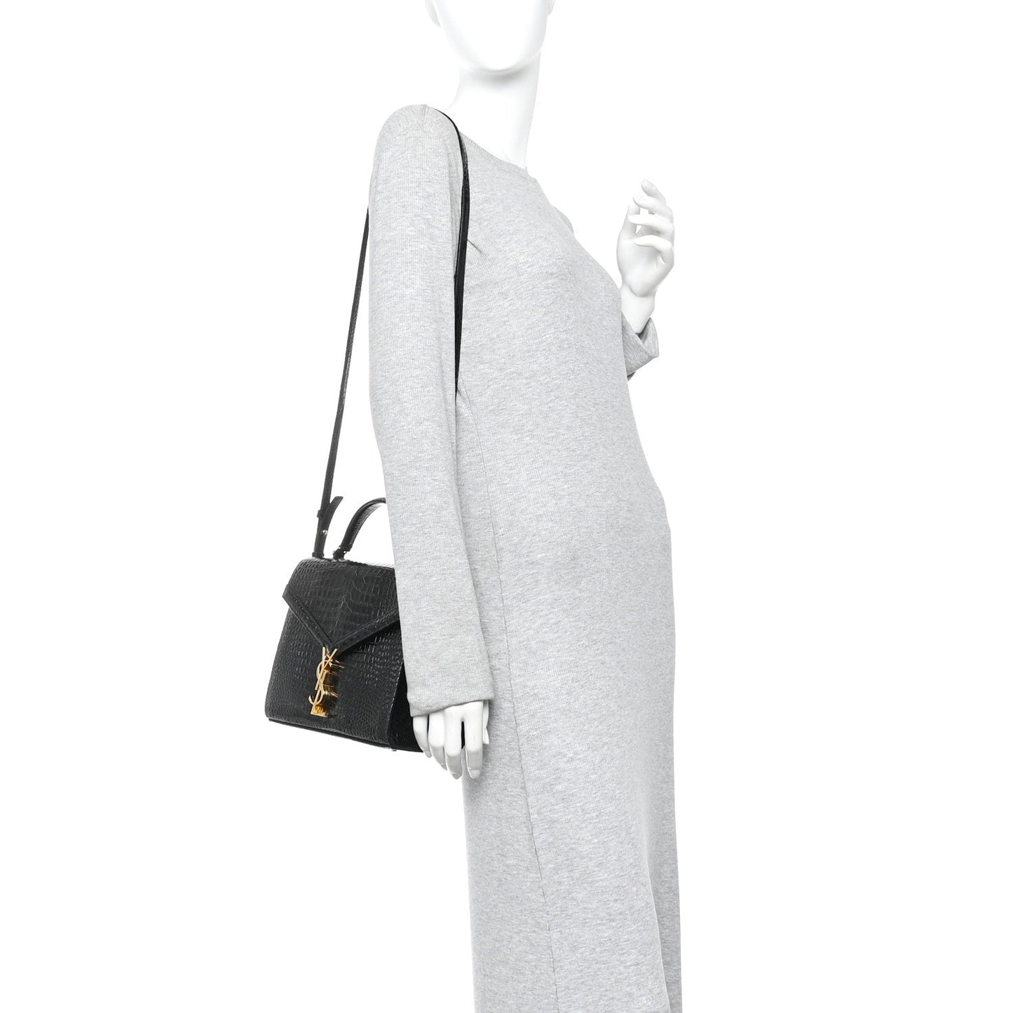Black crocodile-embossed medium top handle bag with crossbody strap