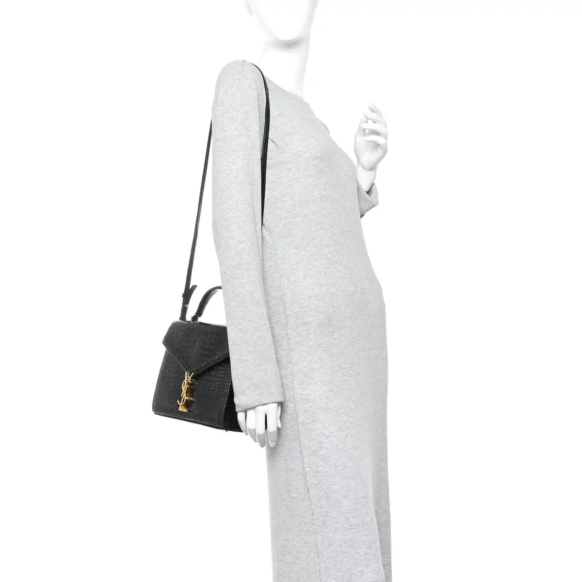 Black crocodile-embossed medium top handle bag with crossbody strap