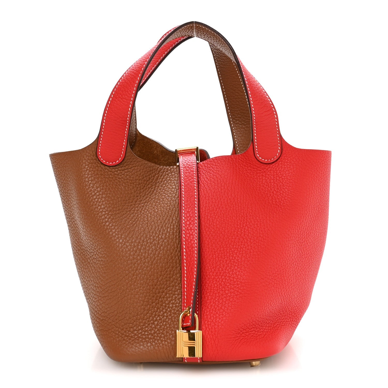 Two-tone leather tote bag with top handles, red and brown, gold clasp closure