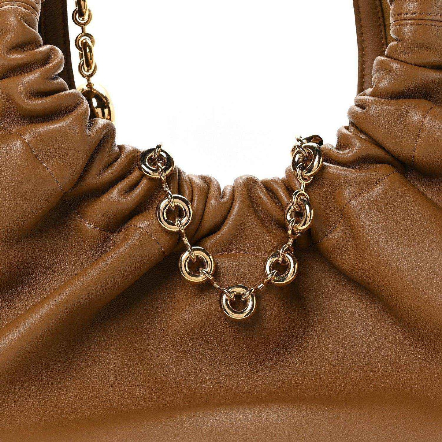 Loewe nappa small squeeze bag in oak-brown leather, ruched top with chain detail
