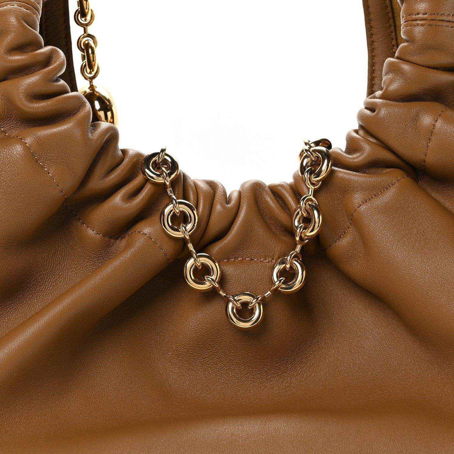 Loewe nappa small squeeze bag in oak-brown leather, ruched top with chain detail
