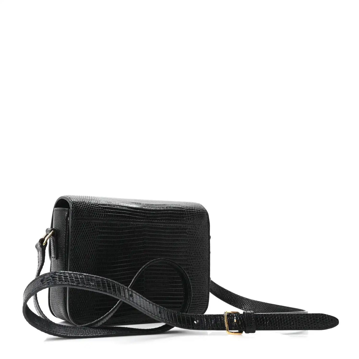 Black lizard-embossed crossbody flap bag with gold clasp and adjustable strap