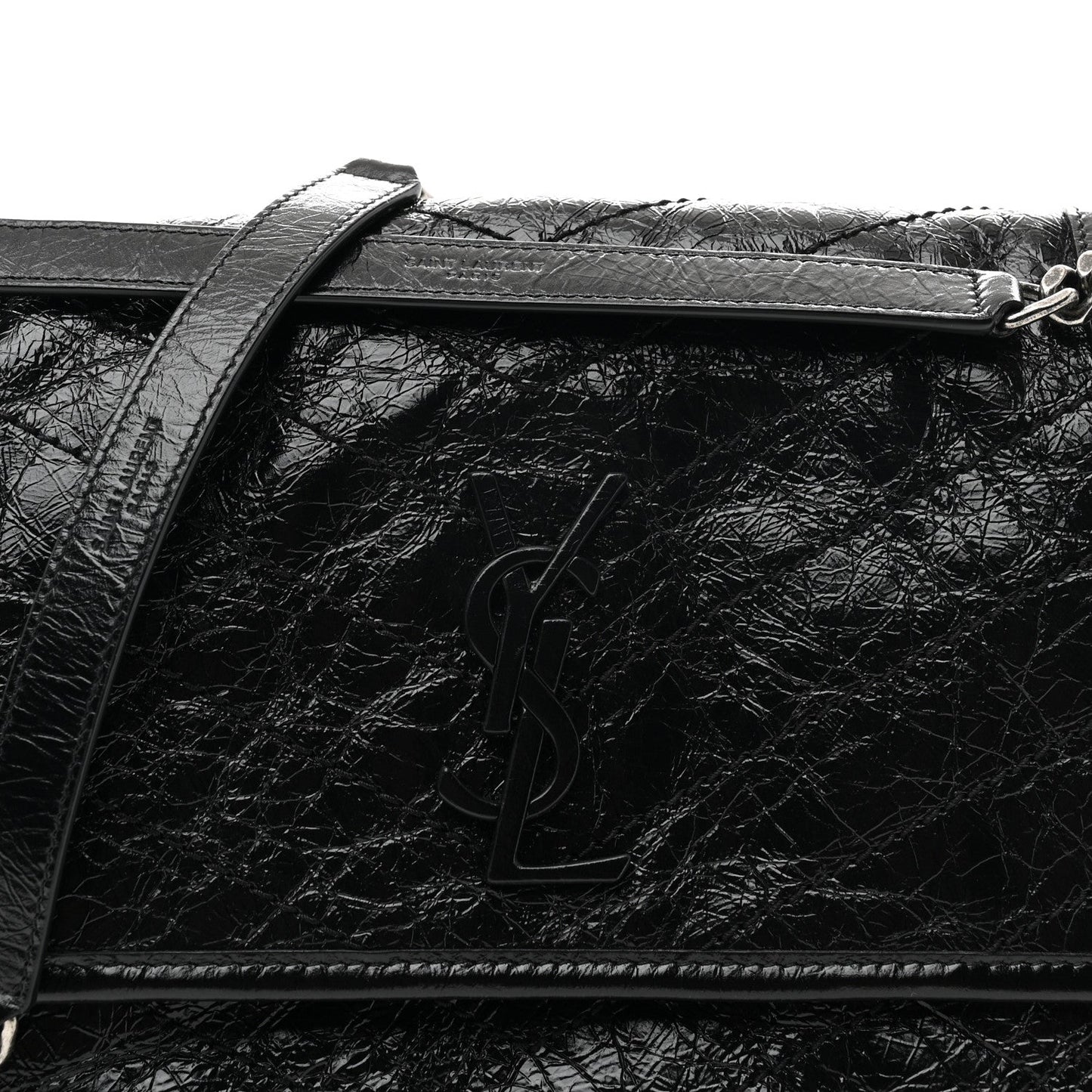 Black medium chain satchel with front YSL logo on crinkled calfskin flap