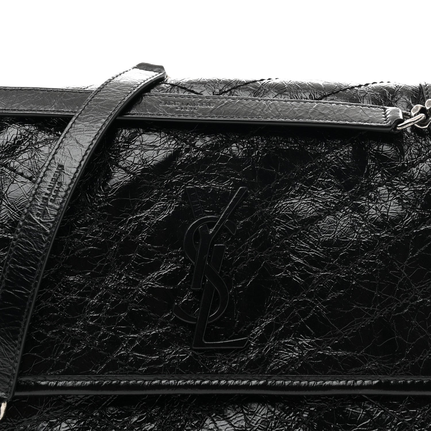 Black medium chain satchel with front YSL logo on crinkled calfskin flap