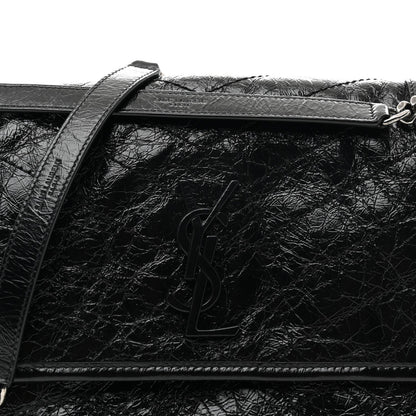 Black medium chain satchel with front YSL logo on crinkled calfskin flap