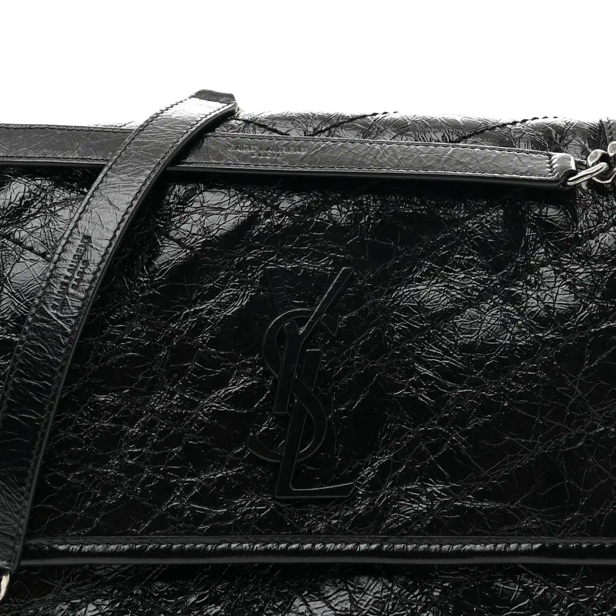 Black medium chain satchel with front YSL logo on crinkled calfskin flap