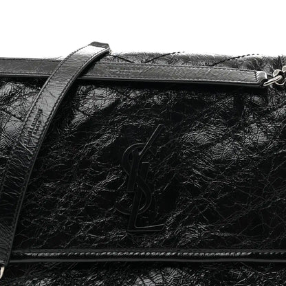 Black medium chain satchel with front YSL logo on crinkled calfskin flap