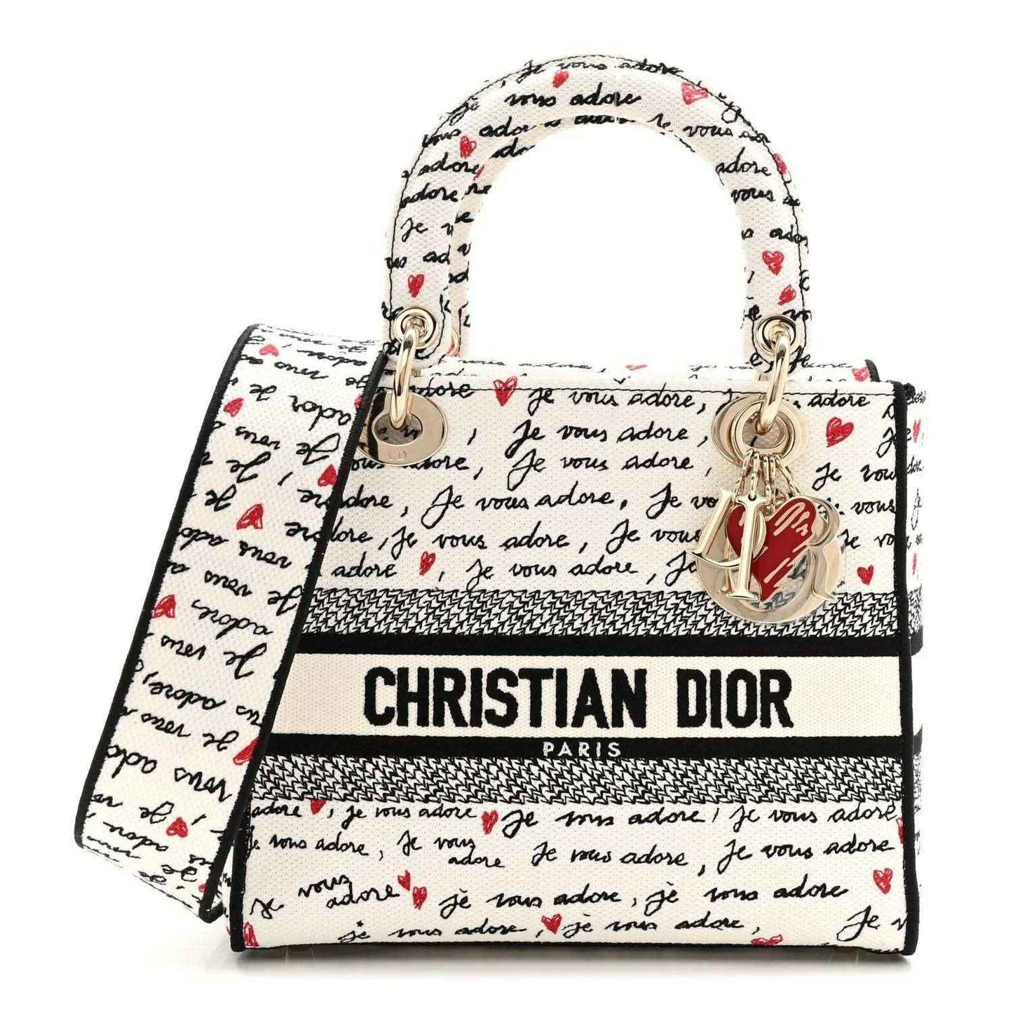 Christian Dior canvas handbag with “Je vous adore” print, red hearts, top handles