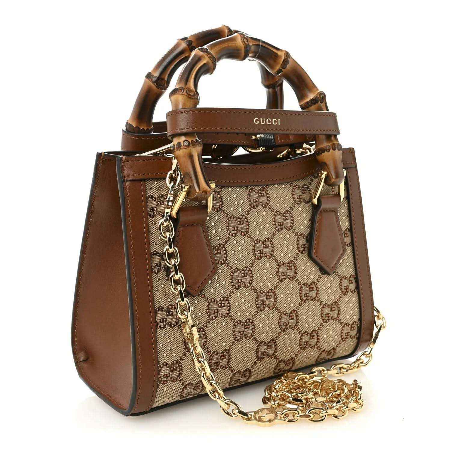Mini tote bag with GG monogram canvas front, brown leather side panels, bamboo top handles