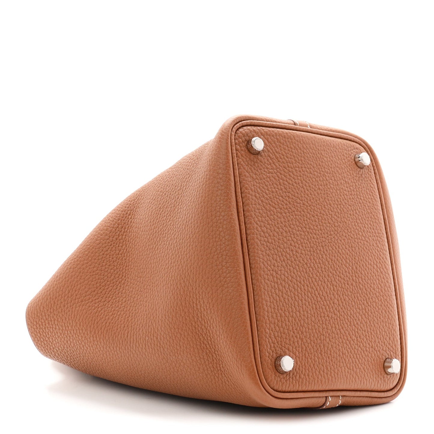 Brown leather bucket tote bag with triangular front panel and snap hardware