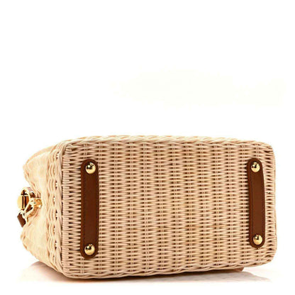 Tan rattan handbag with brown leather back tabs and gold snap hardware