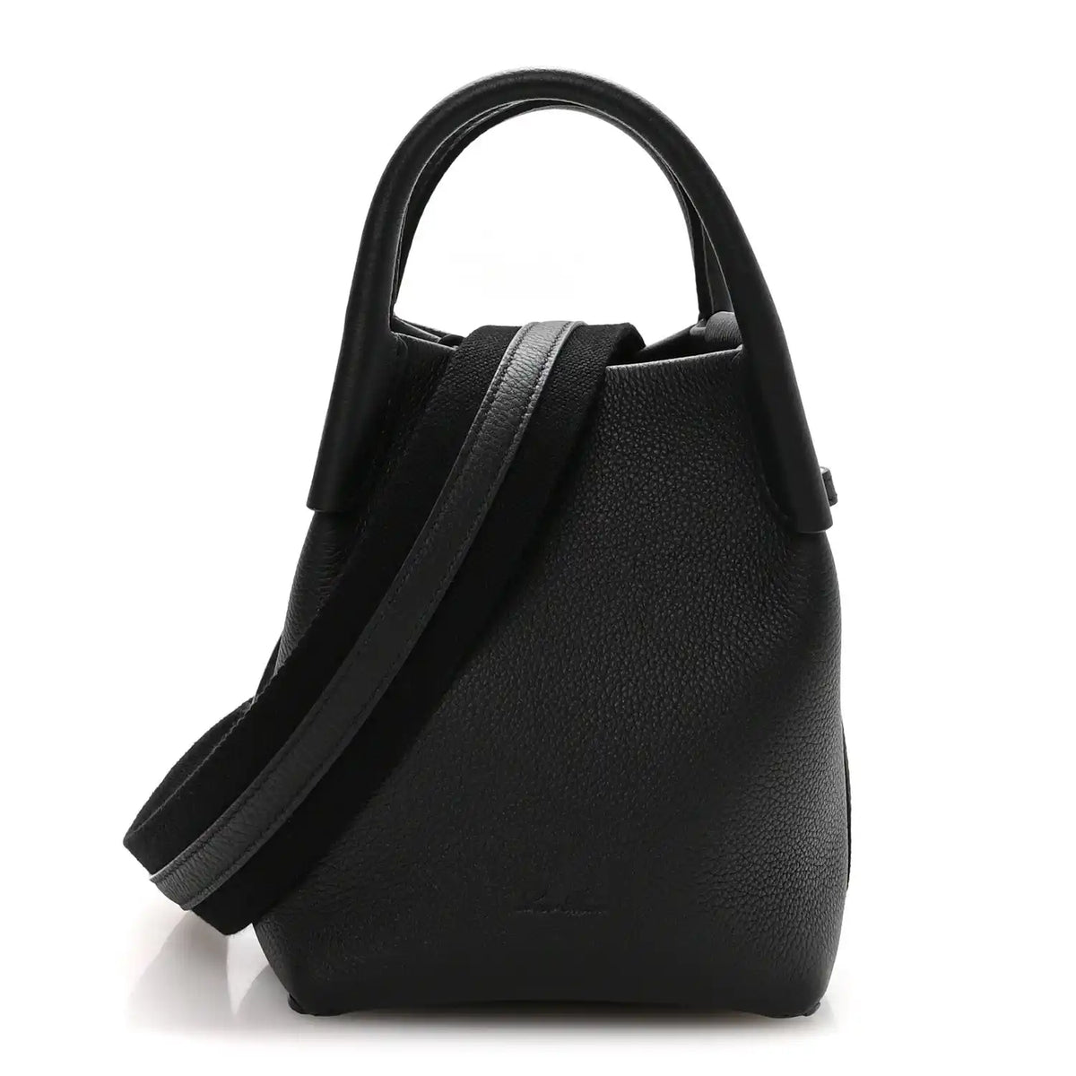 Black grained calfskin micro bale bag with top handles and shoulder strap