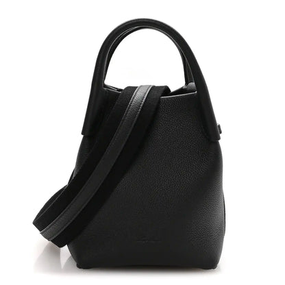 Black grained calfskin micro bale bag with top handles and shoulder strap