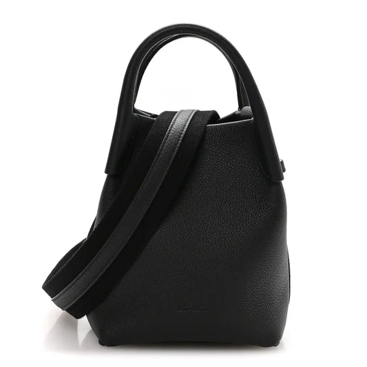 Black grained calfskin micro bale bag with top handles and shoulder strap