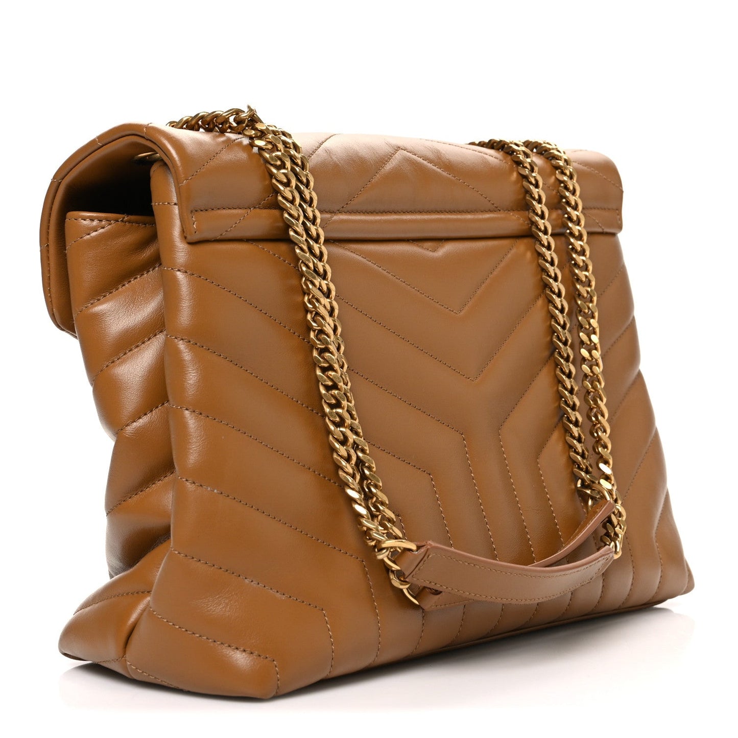 Tan quilted leather satchel with chain strap and front flap, side view