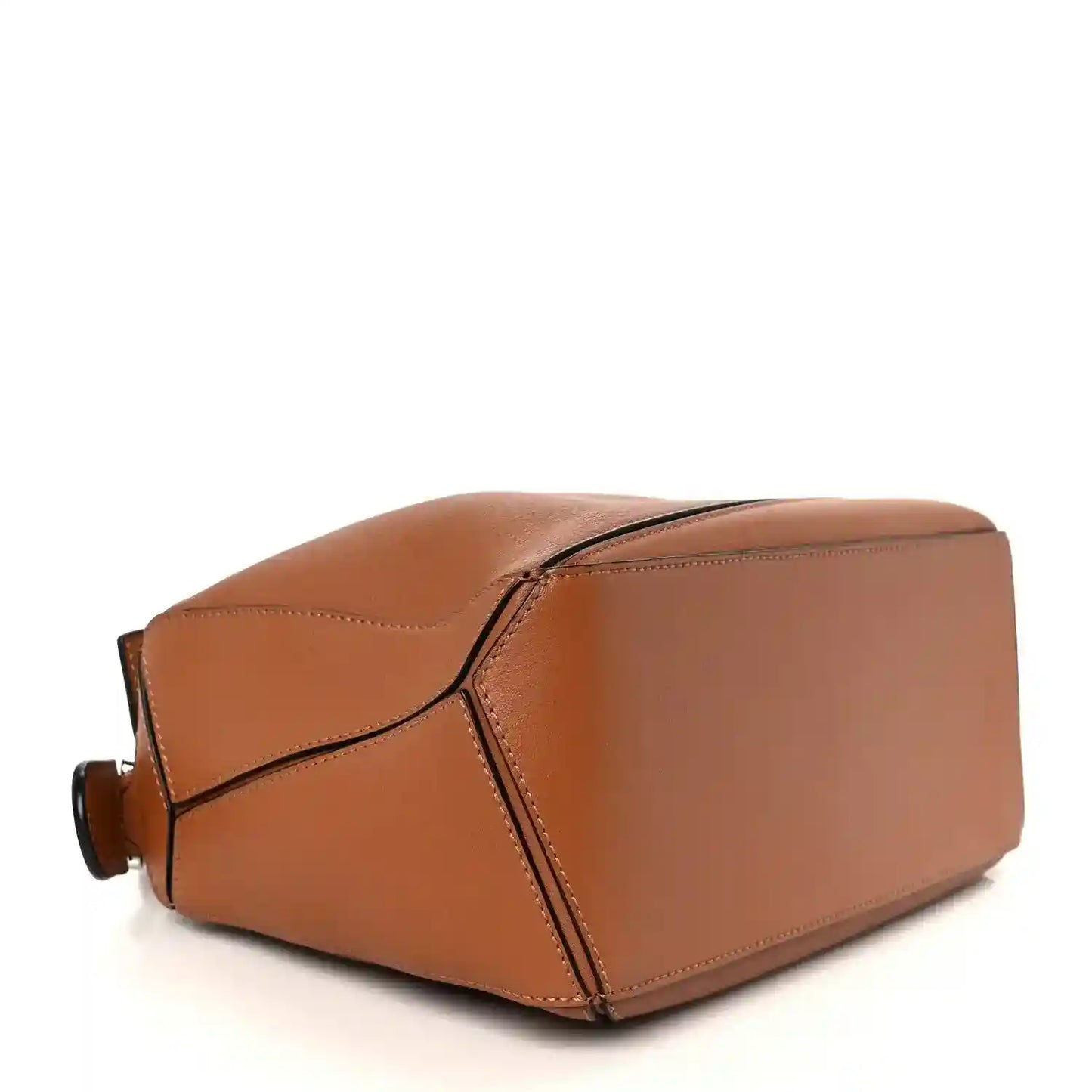 Loewe tan calfskin small Puzzle shoulder bag, side view with structured panels
