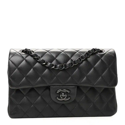 Quilted lambskin-style double-flap bag with chain strap, dark black front logo