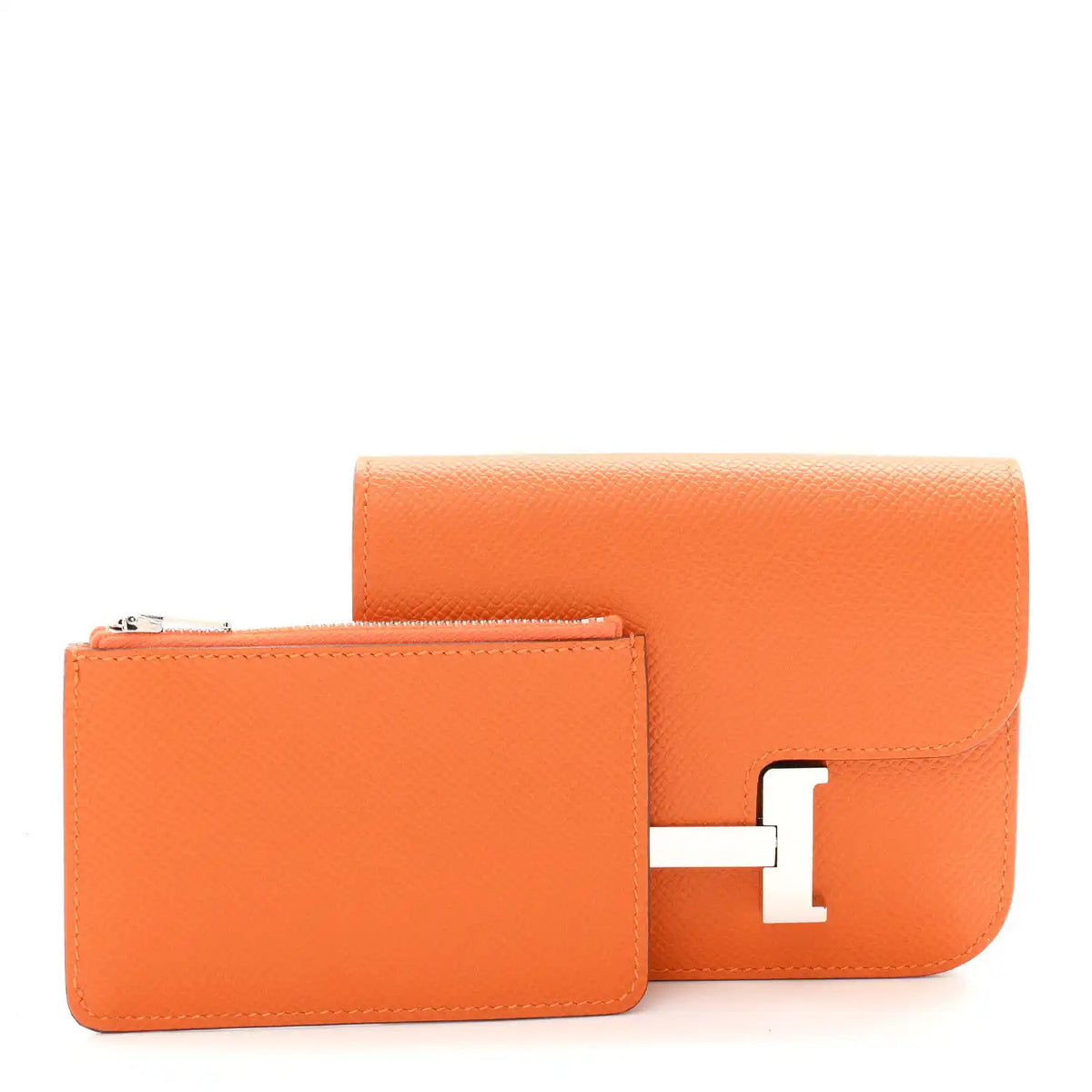 Orange Epsom leather slim wallet with H clasp, side view.