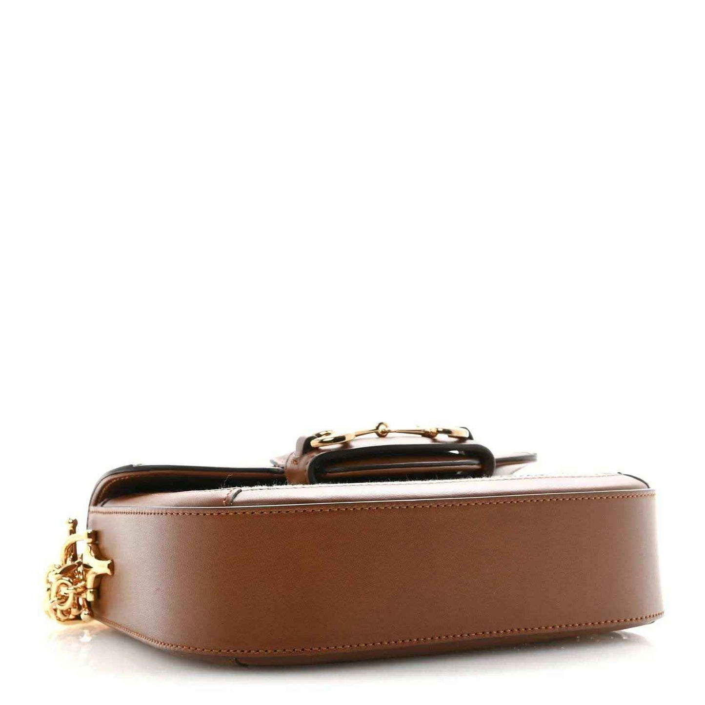 Mini shoulder bag with brown leather exterior and gold-tone top handle hardware