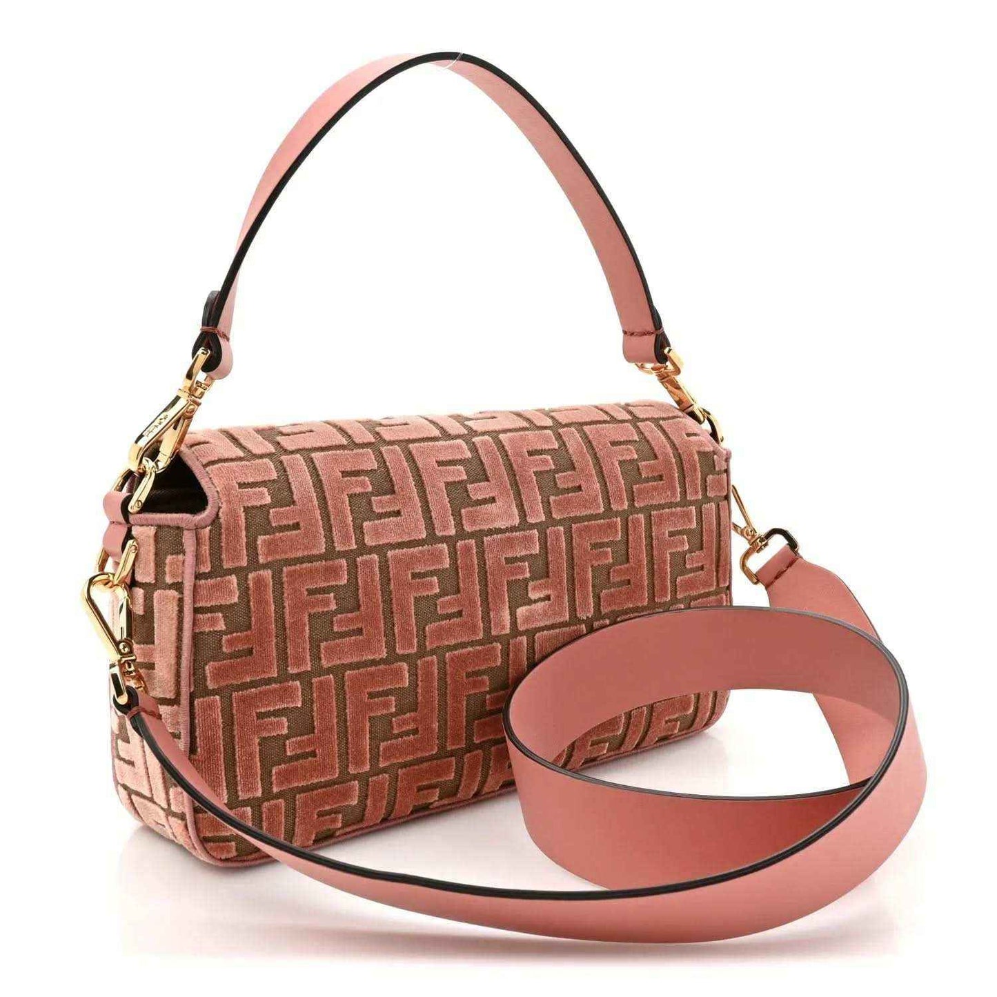 Fendi velvet jacquard baguette shoulder bag with macaron pink strap and FF pattern