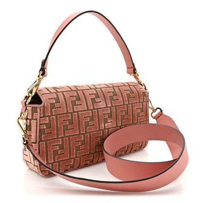 Fendi velvet jacquard baguette shoulder bag with macaron pink strap and FF pattern