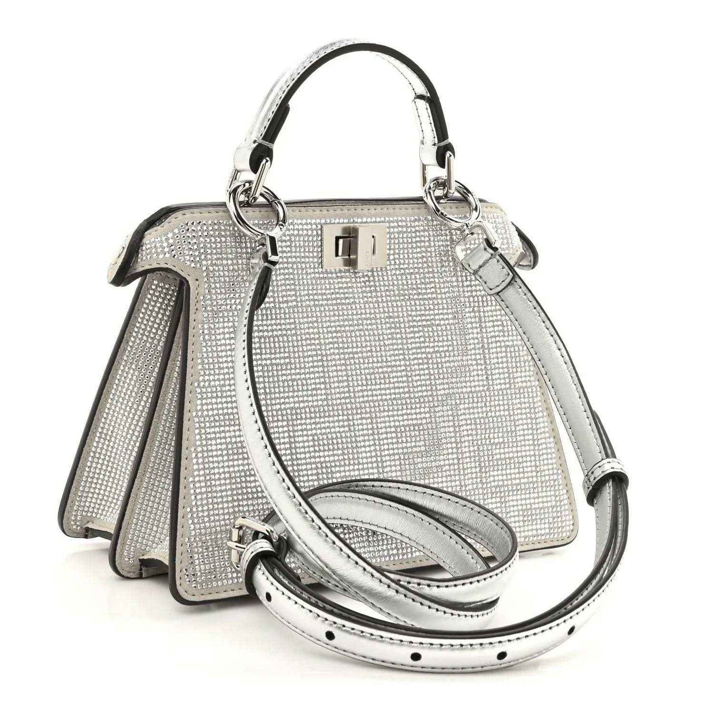 Silver crystal satchel with silver-tone hardware and adjustable crossbody strap