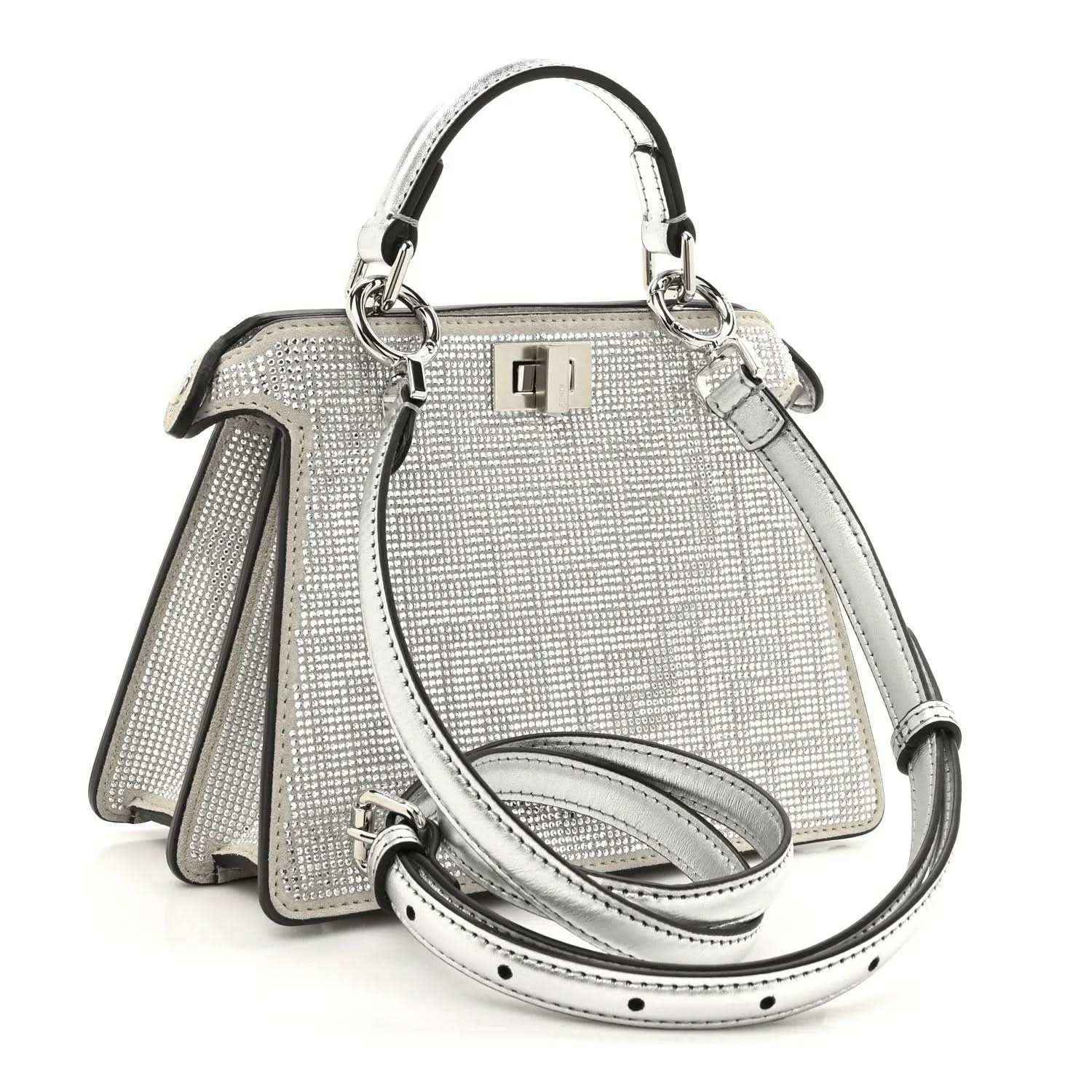 Silver crystal satchel with silver-tone hardware and adjustable crossbody strap